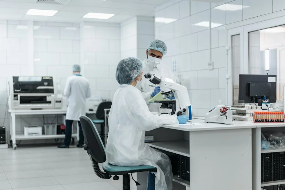 Researchers using microscope in sterile laboratory setting