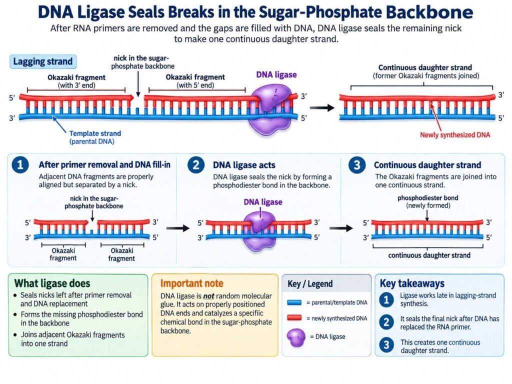 DNA ligase seals breaks in the sugar-phosphate backbone