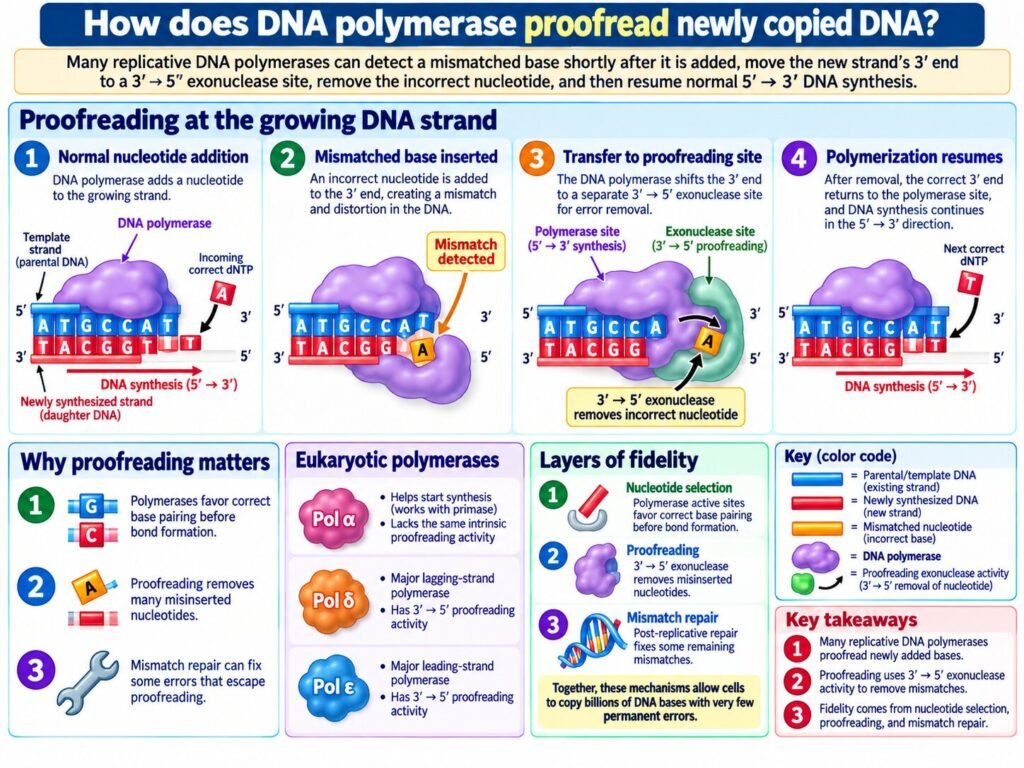 How does DNA polymerase proofread newly copied DNA