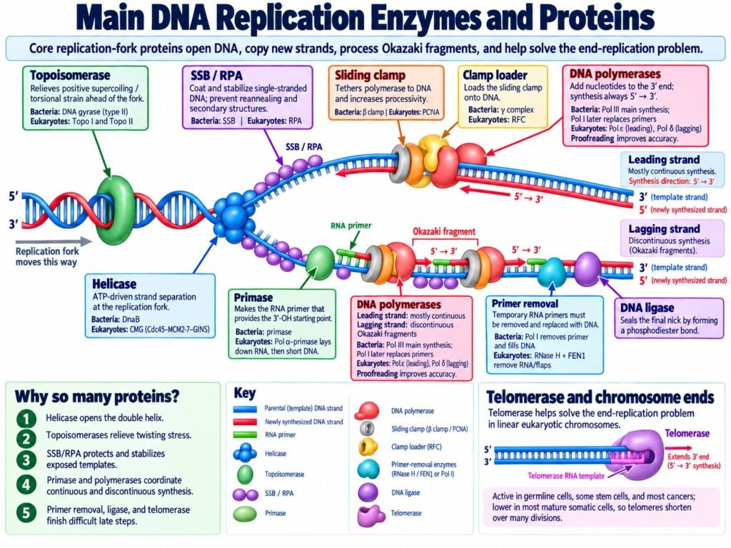 Main DNA replication enzymes and proteins