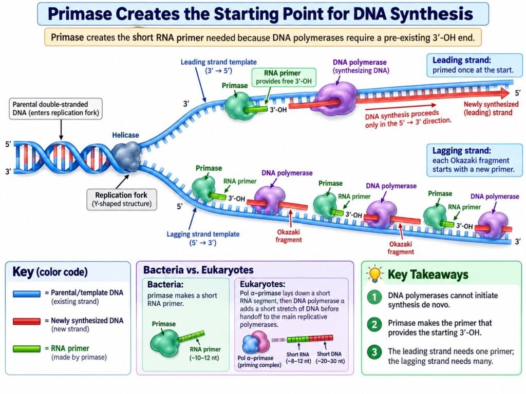 Primase creates the starting point for DNA synthesis