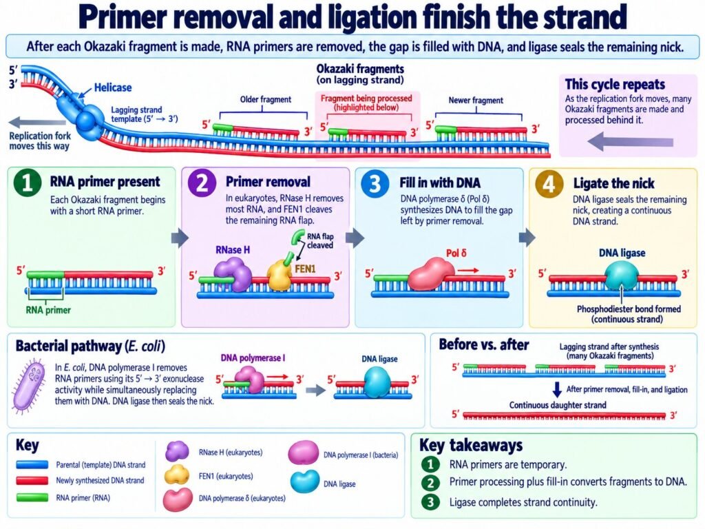 Primer removal and ligation finish the strand