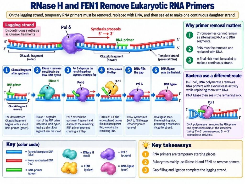 RNase H and FEN1 help remove eukaryotic primers