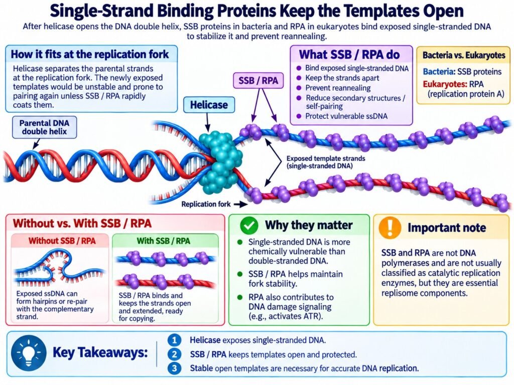 Single-strand binding proteins keep the templates open
