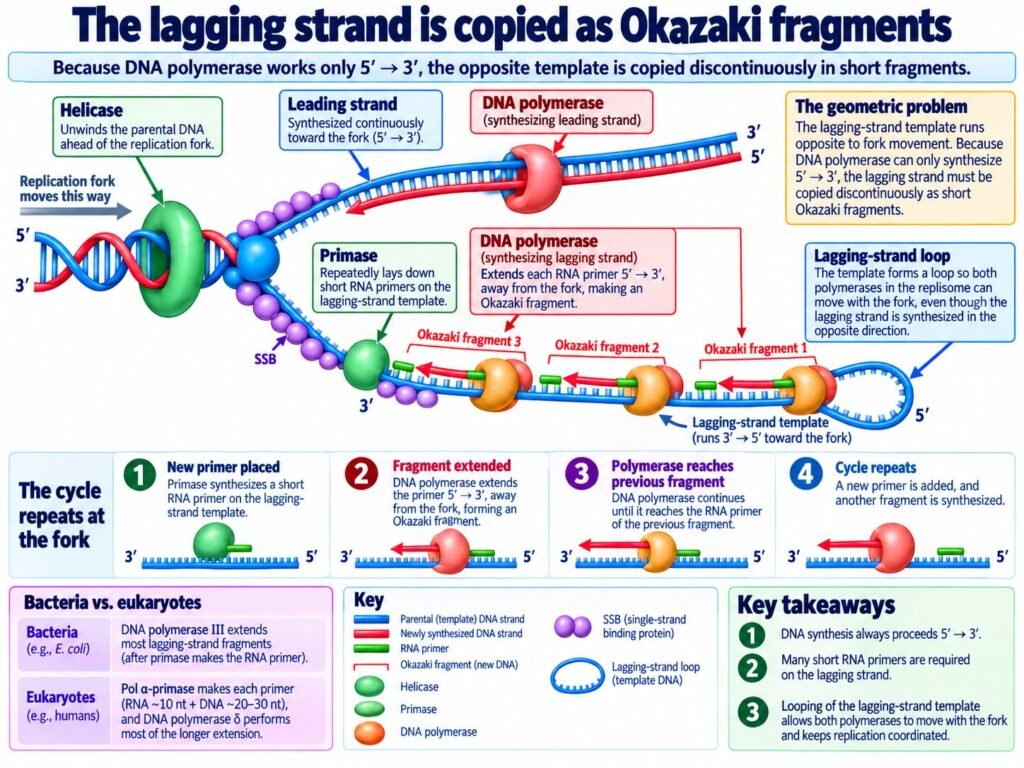 The lagging strand is copied as Okazaki fragments