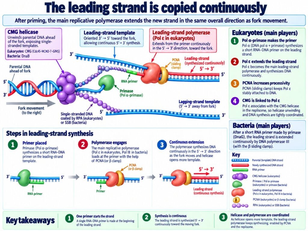 The leading strand is copied continuously